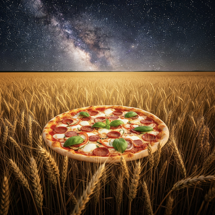 A pizza on a field in space